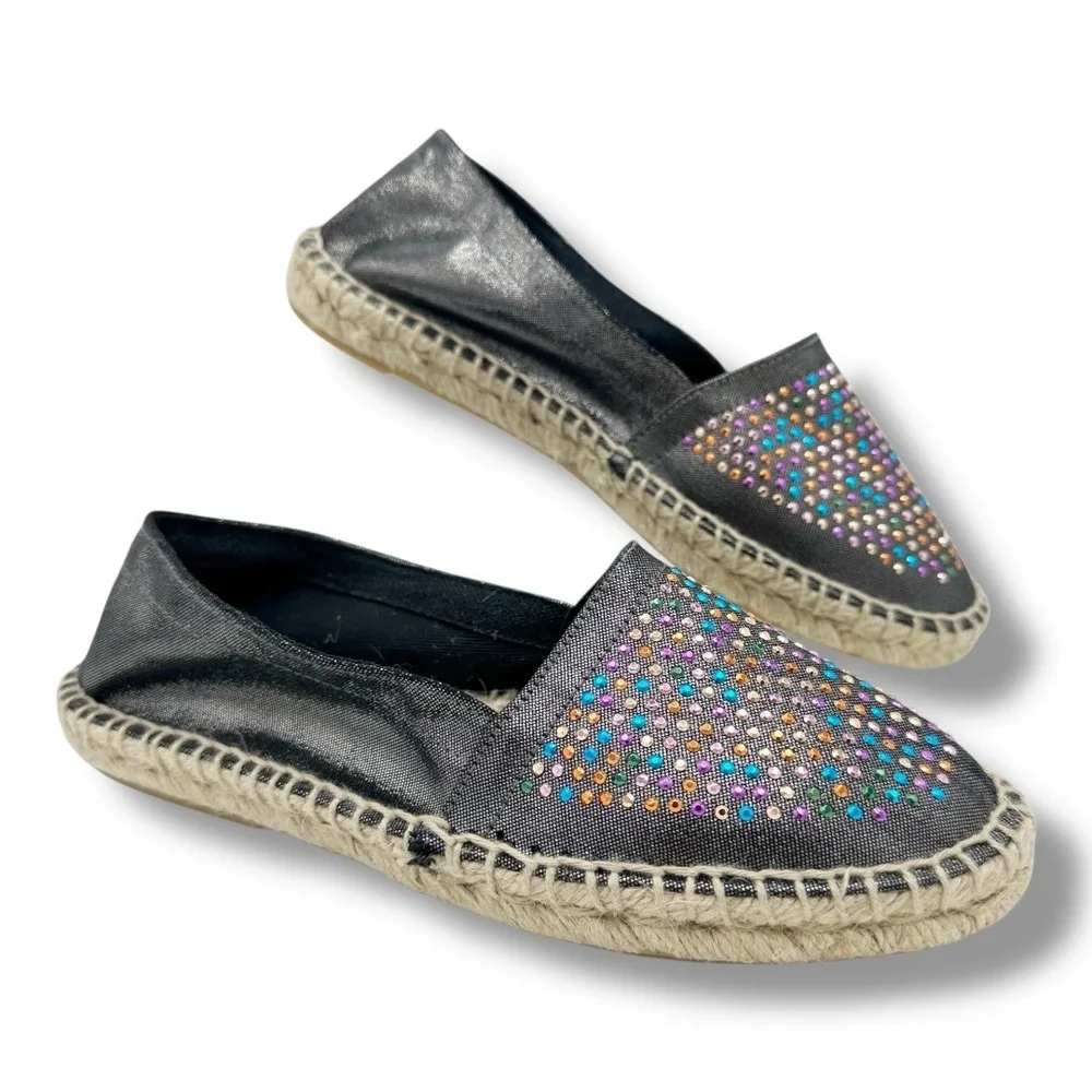 SESTO MulEmbellished Espadrille Flats Metallic‎ Black Rhinestone Slip On Shoe